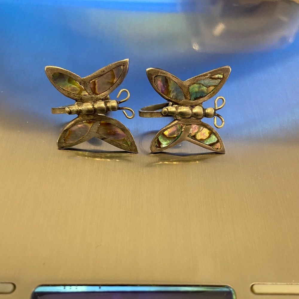 Vintage Taxco Mexican Abalone Shell inlay Butterfly Silver Earrings